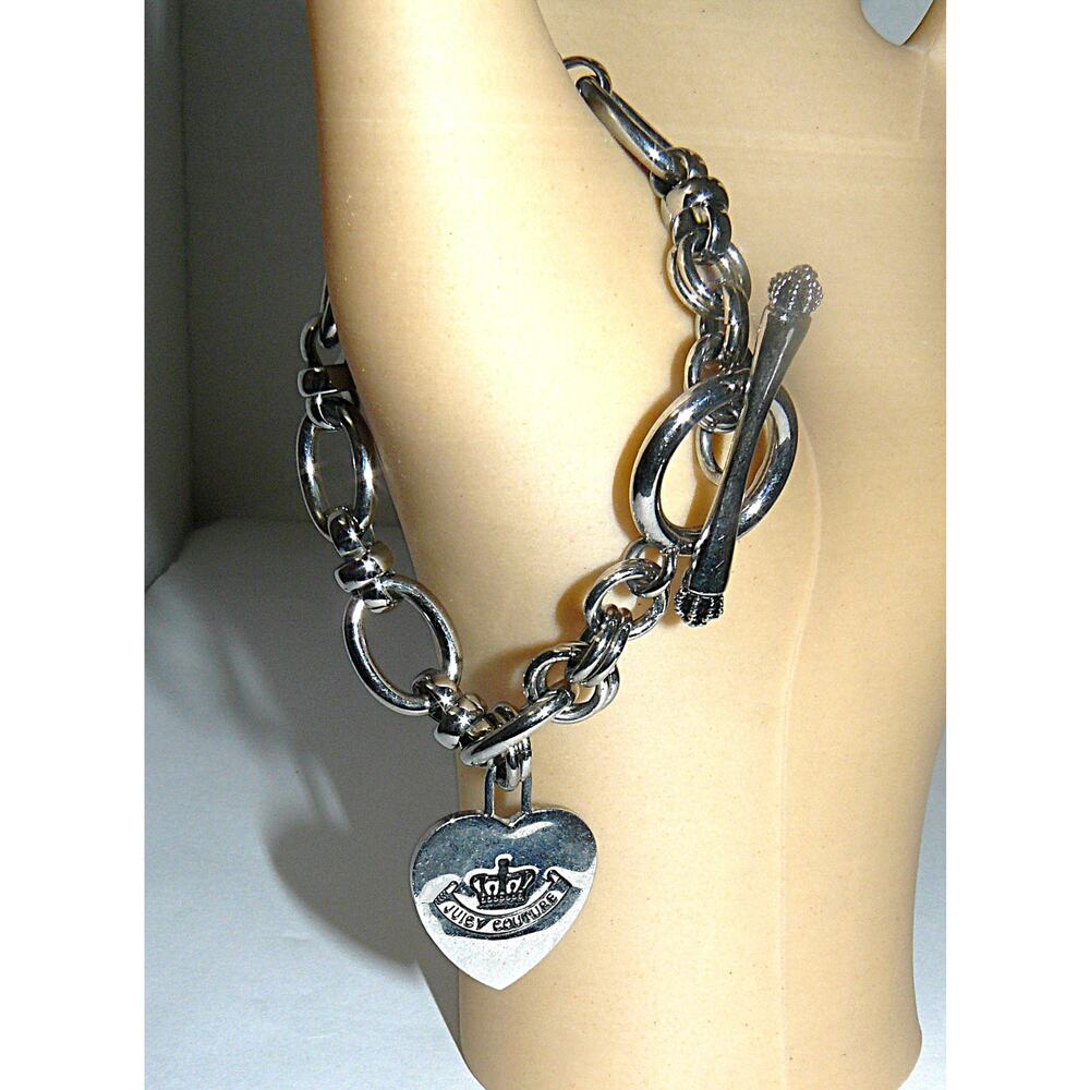 Vtg Juicy Couture Silver-Tone Charm Bracelet Heart Pendant Toggle Clasp 7.5" Y2K - Picture 3 of 4